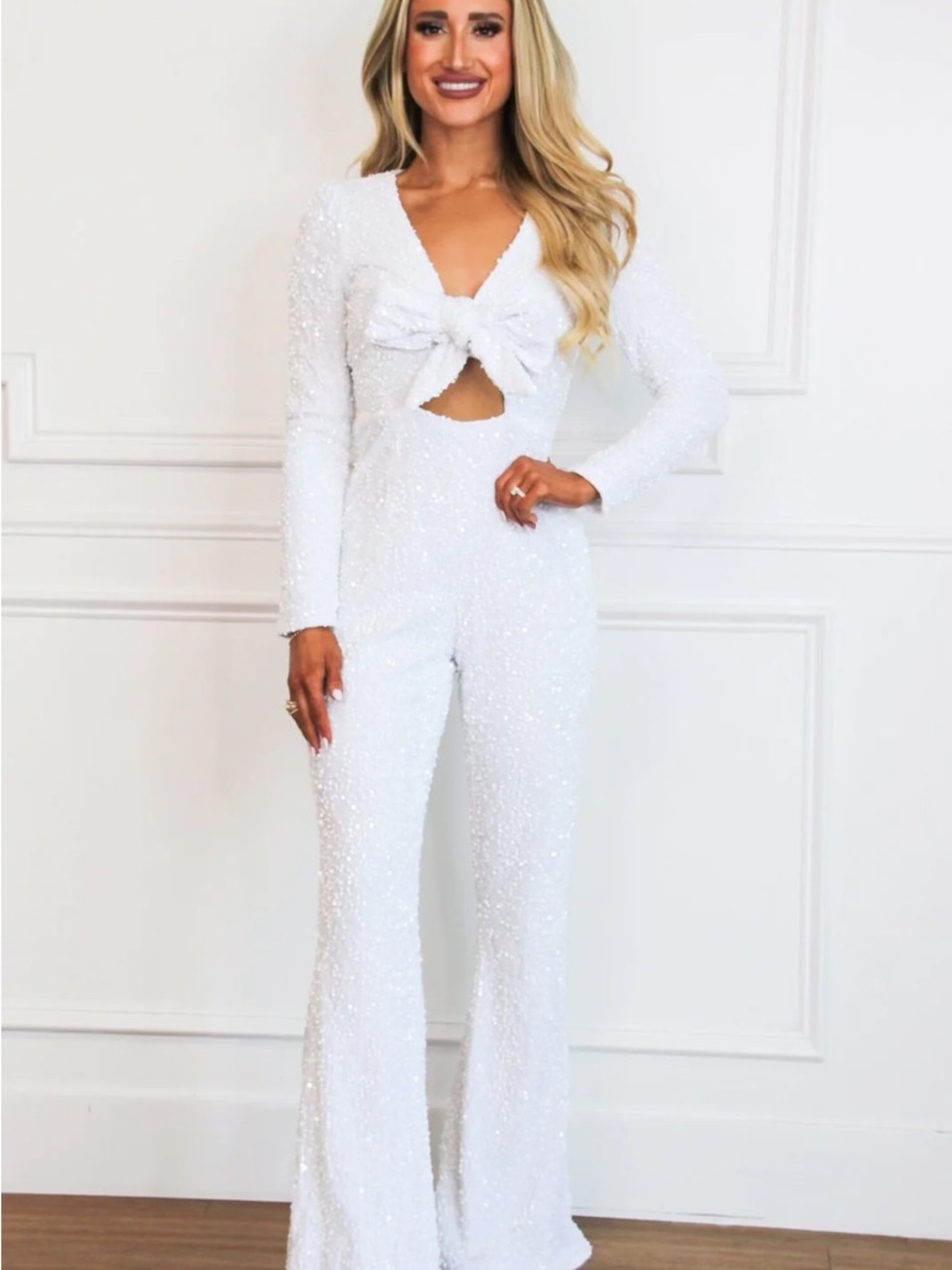 White Sequin Bow-Front Long-Sleeve Jumpsuit